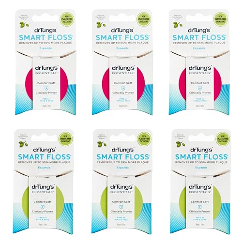 DrTung's Smart Floss - Natural Floss, PTFE & PFAS Free Floss, Gentle on Gums, Expands & Stretches, BPA Free Floss - Natural Dental Floss Cardamom Flavor (Pack of 6)