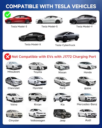 Portable Level 1/2 EV Charger for Tesla, 12A/16A, Electrical Car Mobile Charger 25FT Extension Cable with 240V NEMA 6-20 Plug, 120V NEMA 5-15 Adapter, NACS Home Wall Connector for Tesla Model-Y/3/S/X