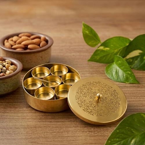 Image of Brass Masala Box for Kitchen with Spoon (7 Detachable Spice Katoris) | Handcrafted Etched Lid, Antique Brass Finish | Airtight Masala Dabba Masala Dani Namak Dani (18 cm) (Design 2)