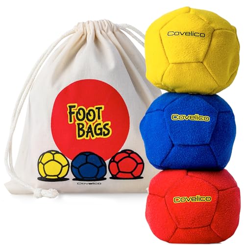 Covelico Footbag Hacky Set of 3 for Kids, Teens & Adults. Yellow, Blue & Red Sack - Each 2.28 inch, 1.6oz, Durable Dual Layered Synthetic Suede, Instructions & Stylish Bag, Solo or Group Footbag Game