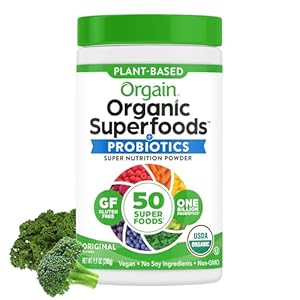 Orgain Organic Greens Powder + 50 Superfoods, Original – 1 Billion Probiotics for Digestive Health, Antioxidants, Vegan, Plant-Based, Gluten-Free, Non-GMO, Green Juice & Smoothie Drink Mix – 0.62lb