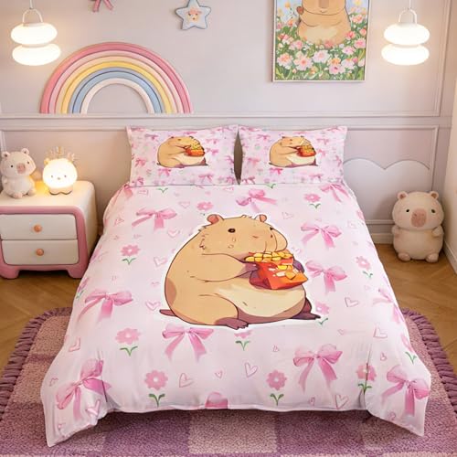 Homemissing Schleifen Blumen Capybara Bettwäsche 135x200cm süßes Kombinationsdesign für Jugendliche Bettbezug dezente Farben komfortabel für Frühling Sommer und Winter mit 1 Kissenbezug