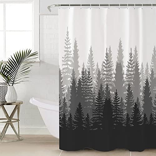 Dark Grey Foggy Forest Silhouette Shower Curtain, Gradient Pine Tree Nature Woodland Waterproof Fabric Shower Curtain Set with 12 Hooks Bathroom Curtains for Men Home Hotel Holiday Decor, 72"W x 72"L