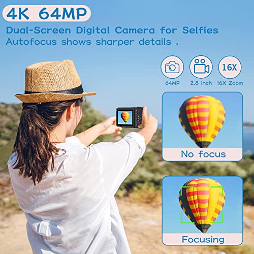 Digital Camera 4K 64Mp, Vlogging Camera With Flash Selfie Dual Screens,Compact Point And Shoot Camera With Wifi,16X Digital Zoom 2.8'' Video Camera For Teens Students Boys Girls Seniors(Tie) #TOP2
