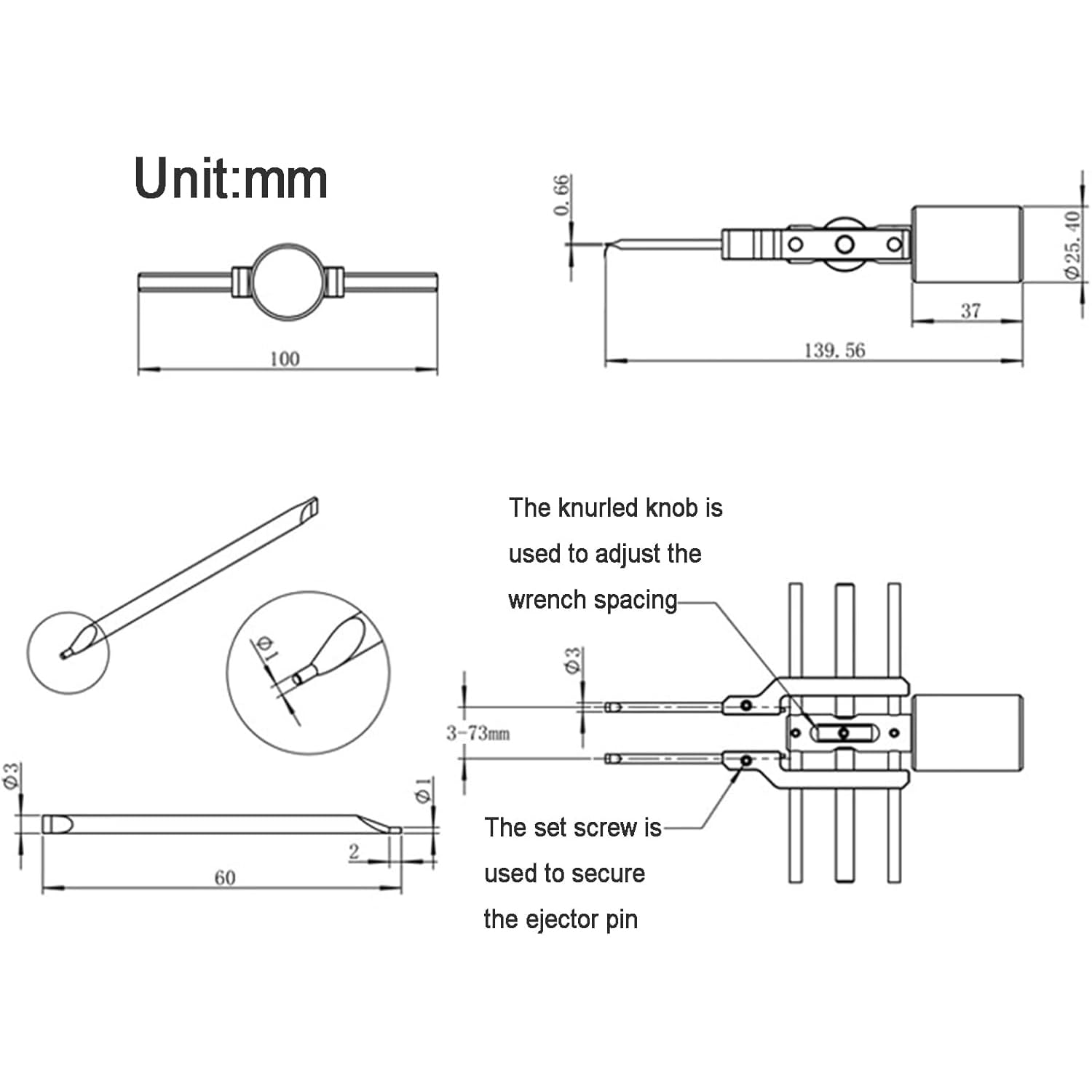 Herramienta de llave de anillo a presión, acero inoxidable ajustable de doble extremo para mecánica y bricolaje, adecuada para anillos de presión de 3 a 73 mm, capacidad máxima de torsión 9 N·m