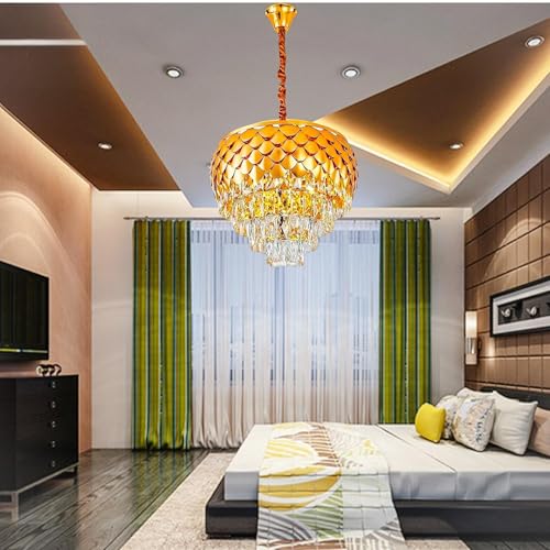 Image of DREAMY DESIGNS Chandelier Lights for Ceiling 500 MM Golden Pineapple Shape 4-Tier K9 Glass Crystal Chandeliers for Living Room Smart 3 Mode LED Light Plate Jhumar Designer Bedroom and Dining Room