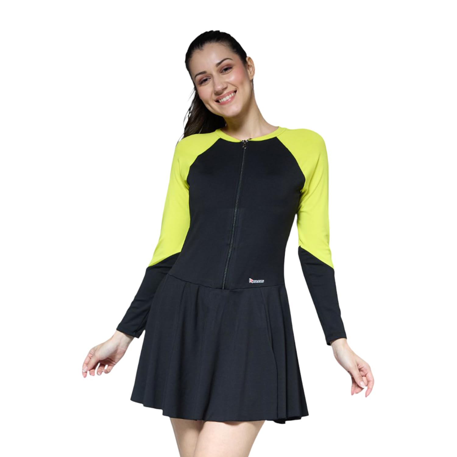ROVARS Zipper Swimming Suit for Women One Piece Swim Suit Set Knee Length Swimming Costume Stretchable Swimwear Ladies Swimsuit Flexible Fit Swim Dress Lime Punch-picture-28