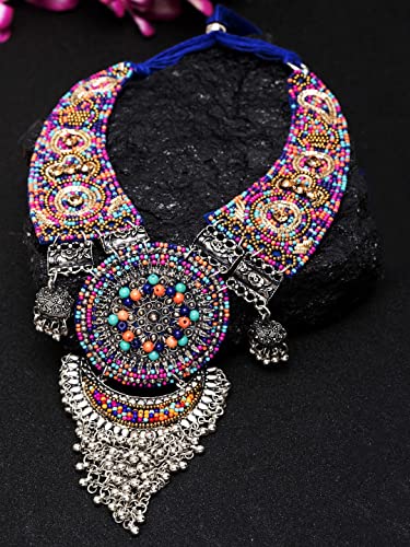 Indian Afghani Handmade Fabric Silver Oxidized Tassel Boho Beaded Embroidered Bohemian Thread Choker Necklace Jewelry3