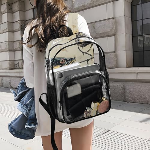 Clear Backpack Trout Fishing Vintage, PVC Transparent Bag with Large Capacity for Boys, Girls, Men, Women, See Through Bookbag for School Work College Travel4