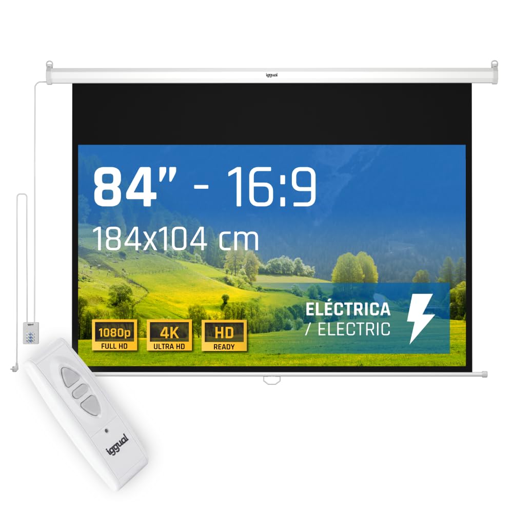 iggual Projection Screen 84 Inches – Electric Roll – 16:9 Panoramic – Adjustable Drop – Remote Control and Aux Switch – Suitable for Wall/Ceiling – Compatible with 4K and Any Projector (184 x 104 cm)