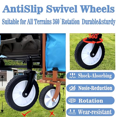 ESPIDOO Foldable Wagon Cart: Heavy-Duty Metal Frame with All-Terrain Wheels for Beach Camping Shopping - Blue Striped Utility Cart Supports 225lbs for Outdoor Families4