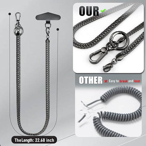 Image of ROCONTRIP Anti-Theft Phone Lanyard Tether & Pants Chain Heavy-Duty Phone Strap With Metal Tether Tab Detachable Anti-Drop Lanyard for iPhone,Wallet,Key Great for Outdoor Hiking Cycling(Gunmetal Black)