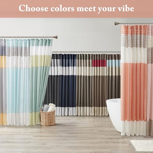 Image of Madison Park Amherst Bathroom Shower Curtain Faux Silk Pieced Striped Modern Microfiber Bath Curtains, 72x84 Inches, Coral