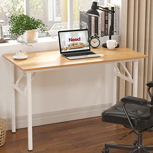 Image of Need Office Computer Desk 47.2x23.6 in Sturdy Folding Laptop Table Teak | White Frame Writing Gaming Work Table /Foldable Home Office Desk /Sewing Table, No Assembly Required