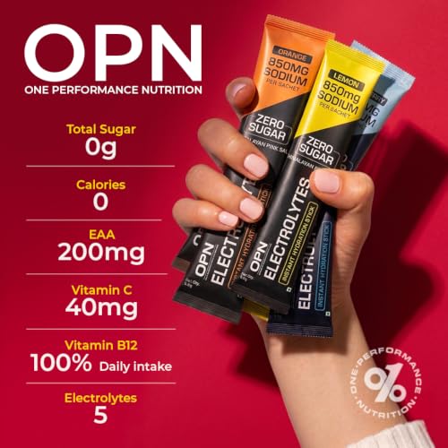 Image of OPN Electrolytes Assorted Flavours | Orange + Lemon + Blueberry 850mg Sodium | Zero Sugar | Vitamin C, B12 + EAA | (Pack of 1) 12 Sachets
