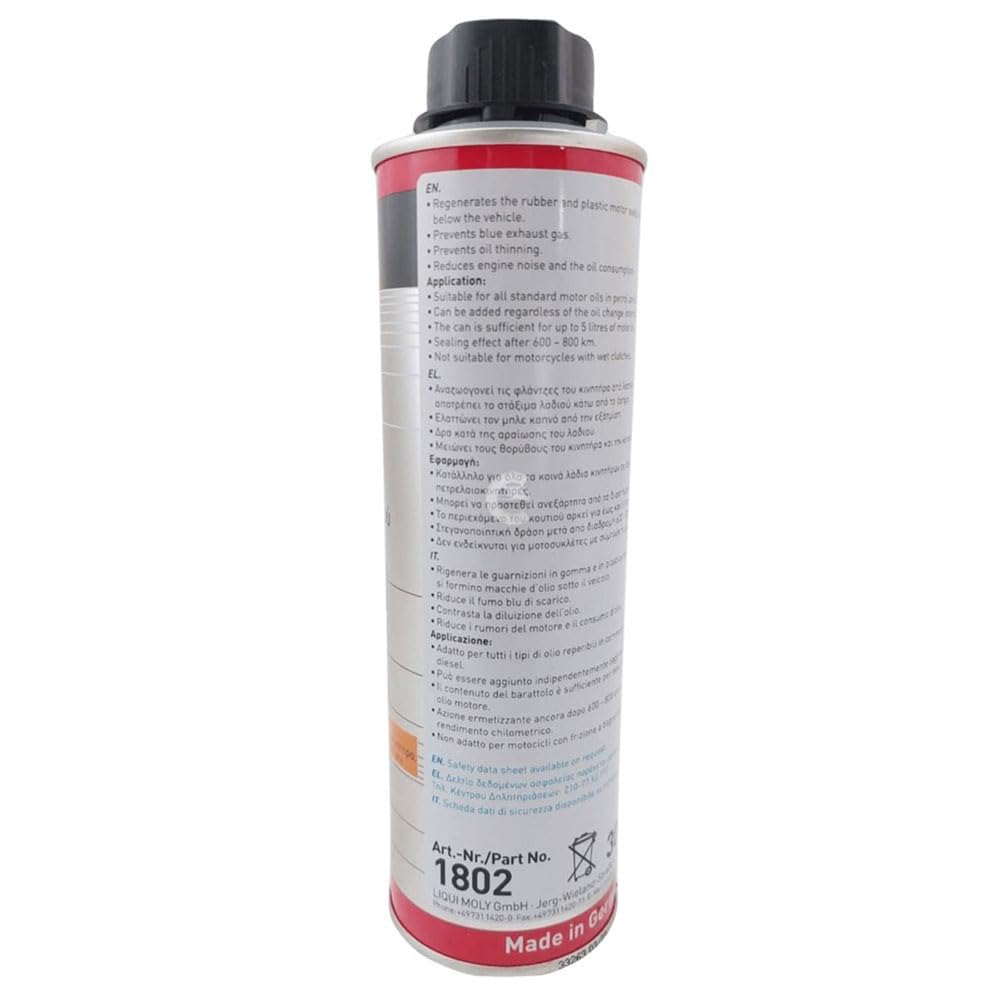 LIQUIMOLY 1802 ADDITIVO Stop PERDIRE D'OLIO Motore. RIGENERA GUARNIZIONI in Gomma E PLASTICA del Motore E Riduce LA Sua RUMOROSITA' E Le DILUIZIONI DELL'OLIO. 1 FLACONE X 300 ML