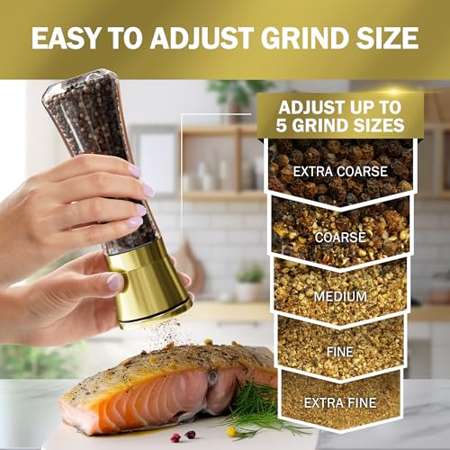Image of HOME EC Original Stainless Steel Salt or Pepper Grinder 1pk - Adjustable Ceramic Sea Salt Grinder or Pepper Mill - Tall Glass Spice Shaker - Spice Mill w /Ebook (Gold)