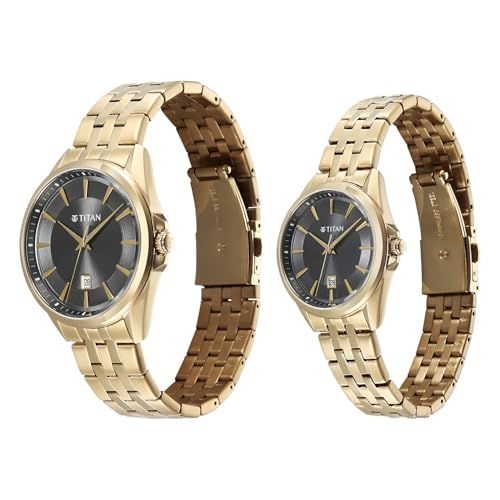 Image of Titan Modern Bandhan Pair Analog with Black Dial Yellow Gold Stainless Steel Strap Watch for Couples - 9401594215YM01