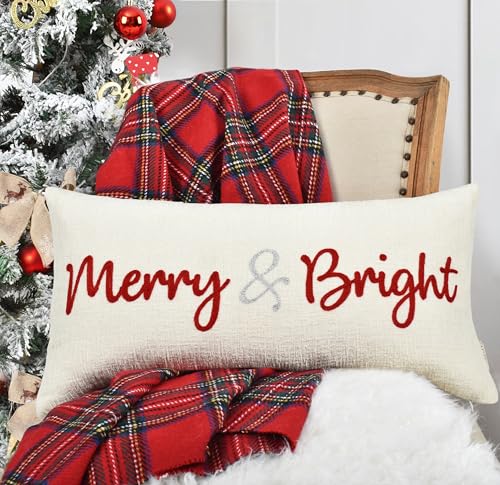 LOOPUINHOM Nice Merry and Bright Christmas Decor Cotton Burlap Decorative Rectangle Throw...