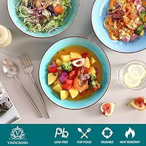 Vancasso bonita pasta bowls set of 6 38 oz shallow bowls ceramic pasta plates and salad bowls microwave dishwasher safe serving bowls blue  urban country home decor