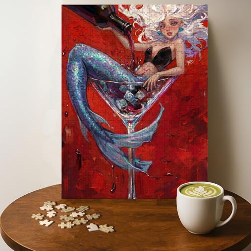 Mermaid Drinking Like A Fish Slang Jigsaw Puzzle - 500 Pieces Wooden Puzzle for Adults, Wall Art Gift, Finished Size: 20 x 15 Inch