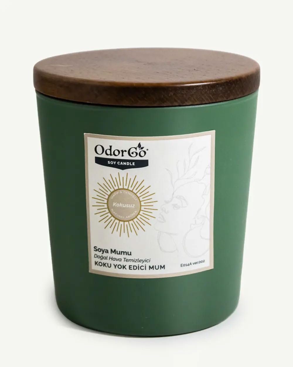 ODORGO Bitkisel Soya Mum 230g – Ahşap Kapaklı, Özel Hediye Kutusunda (Yeşil) – Koku Yok Edici, Vegan