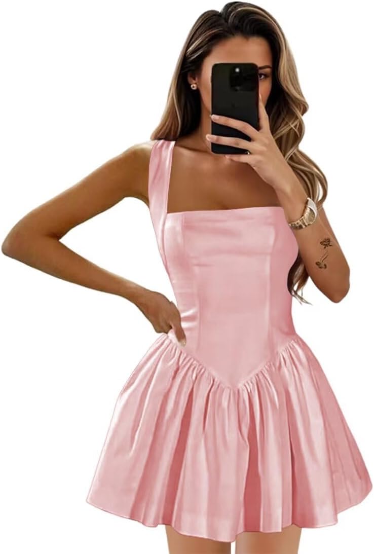 Short Homecoming Dresses for Teens 2025 A Line Pleated Square Neck Satin Cocktail Party Dress IK022