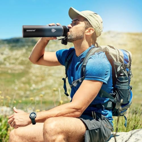 Image of SENDESTAR Water Bottle 32oz Double Wall Vacuum Insulated Leak Proof Stainless Steel Sports Water Bottle-Wide Mouth with New Flex Straw Lid & Spout Lid (Deep Blue&Black)