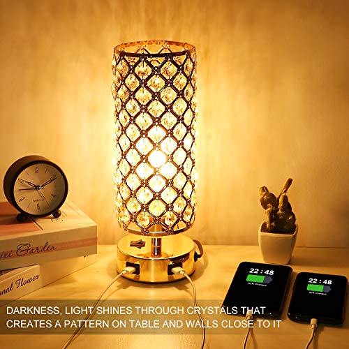 image for Hong-in USB Crystal Table Lamp, Gold Table Lamp with Dual USB Charging