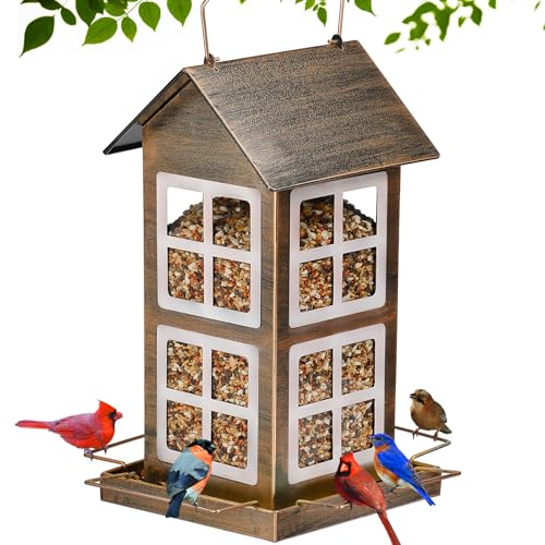 IWNTWY Bird Feeders, Heavy Duty Metal Bird Feeder for Outdoors Hanging, Weatherproof Large Capacity Wild Birdfeeder for Outside Garden Yard, Country House Shape (Vertical)