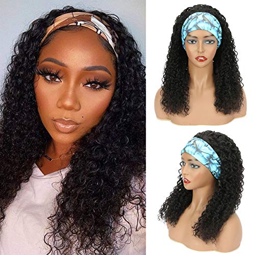 HeadBand Wig Deep Curly Wigs Glueless None Lace Front Wigs Machine Made Headband Wig for Black Women (22 Inch black)