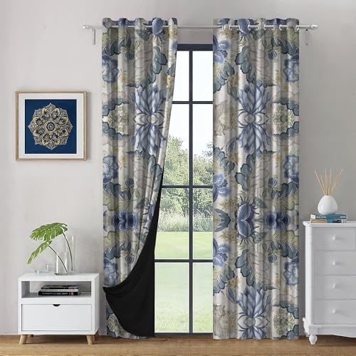Image of LINENWALAS Printed Blackout Curtains for 5 Feet Window | Set of 2 | Printed Drapes | Thermal Insulated, Room Darkening Panels with Grommet Hanging for Living Room (Indigo jacobean)