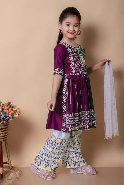 Image of Girls Traditional Embroidered Kurta Palazzo Set, Green and White, Floral Design, Half Sleeves