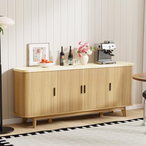 69' Buffet Cabinet Sideboard with Storage, Large Fluted Credenza with 4 Doors, Wood Mid Century...