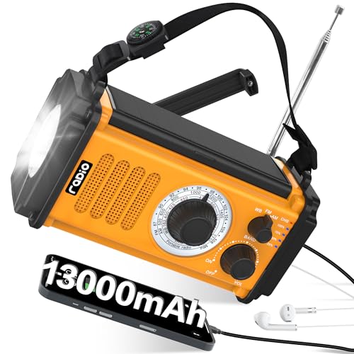 48100 mWh/13000 mAh - Radio solaire d'urgence - Radio portable AM FM 5 voies - Dynamo mondial - Chargeur de téléphone portable USB - Lampe de camping - Lampe de lecture - Alarme SOS, boussole pour