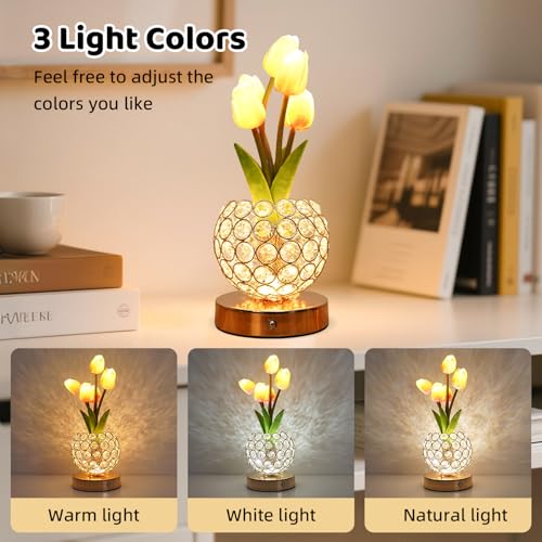 Image of 4000mAh Rechargeable Tulip Lamp, Cordless Bedside Nightstand Light | Long-Lasting Battery Life, 3-Color Stepless Dimming Touch Control, Unique Gifts for Women, Aesthetic Home Decor