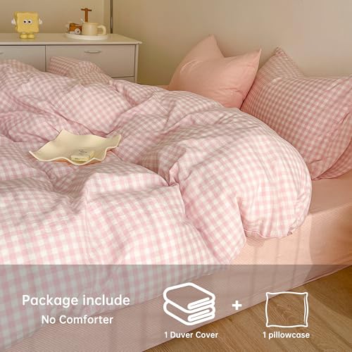 Image of BOLINLIVING Gingham Duvet Cover Twin Size, 2PCS Pink White Checkered Plaid Duvet Cover Set, Microfiber Bedding Set for All Season with Zipper Closure and Corner Ties