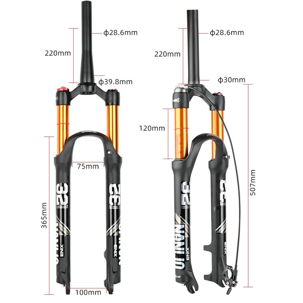 Forcella ammortizzata ad aria per MTB da 120 mm, 26, 27,5, 29", con controllo della linea, in lega di magnesio, ideale per mountain bike, QR 9 x 100 mm, freno a disco, tubo conico, in