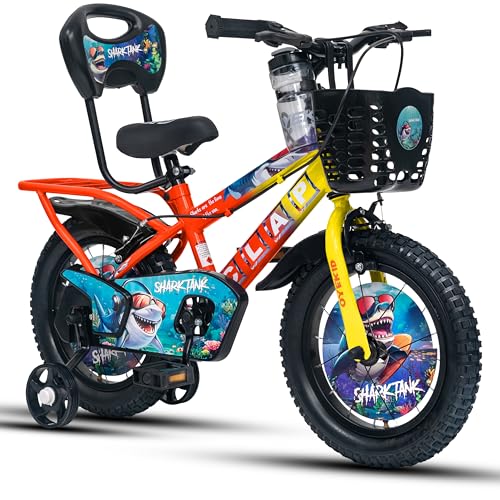 Image of Shark Tank 14T Kids Bicycle for Boys & Girls with Inbuilt Carrier, Front Basket, PU Soft Seat, Full Chain Cover & Stylish Wheelcards (Yellow /Orange)