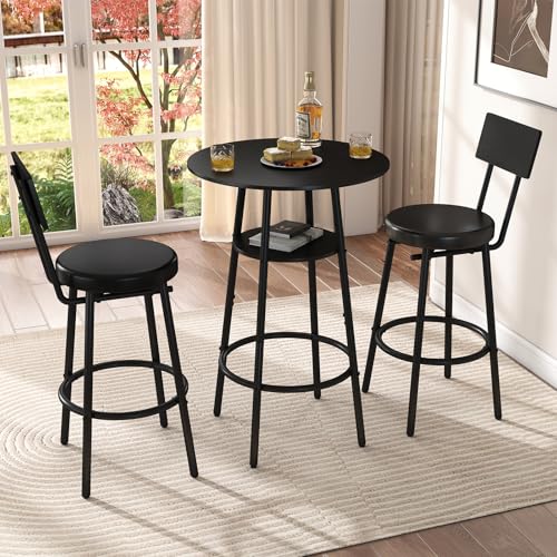 Zevemomo 3 Pieces Round Bar Table Set, Small Dining Table for 2, Black Kitchen Bar Table, Breakfast Table with Storage, 2 Thickened Cushion Stools with Backrest for Dining Room & Bistro-Black