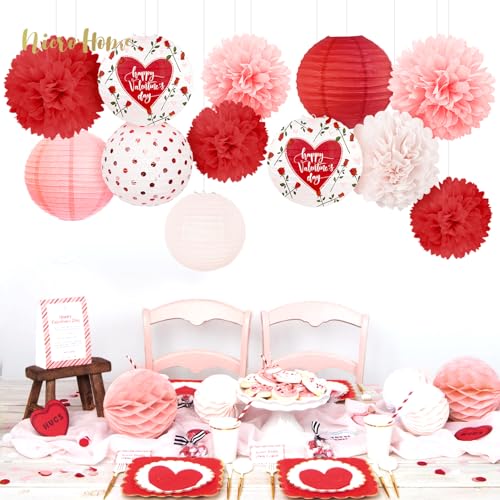 Image of NICROHOME EUR Valentine's Day Decorations, 12 PCS Pink Red Love Tissue Paper Pom Poms and Lanterns Set, Red rose heart printed paper flowers for Valentine's Day Party Supplies