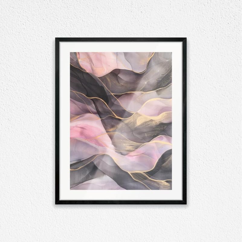Art DecorPink and Grey Alcohol Ink Style Abstract Art with Gold Accents Wall Art with Matboard Framed Fine Art Wall Décor for Living Room Bedroom Dining Room Office Gifting 30x40cm