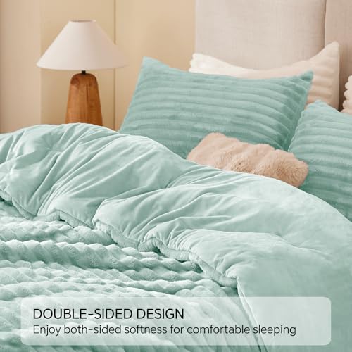 Image of BEDELITE Fleece King Comforter Set -Super Soft & Warm Fluffy Light Green Bedding, Luxury Fuzzy Heavy Bed Set for All Season with 2 Pillow Cases