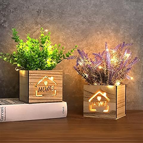 AceList 2 plantas artificiales con luces LED en caja de madera Cover