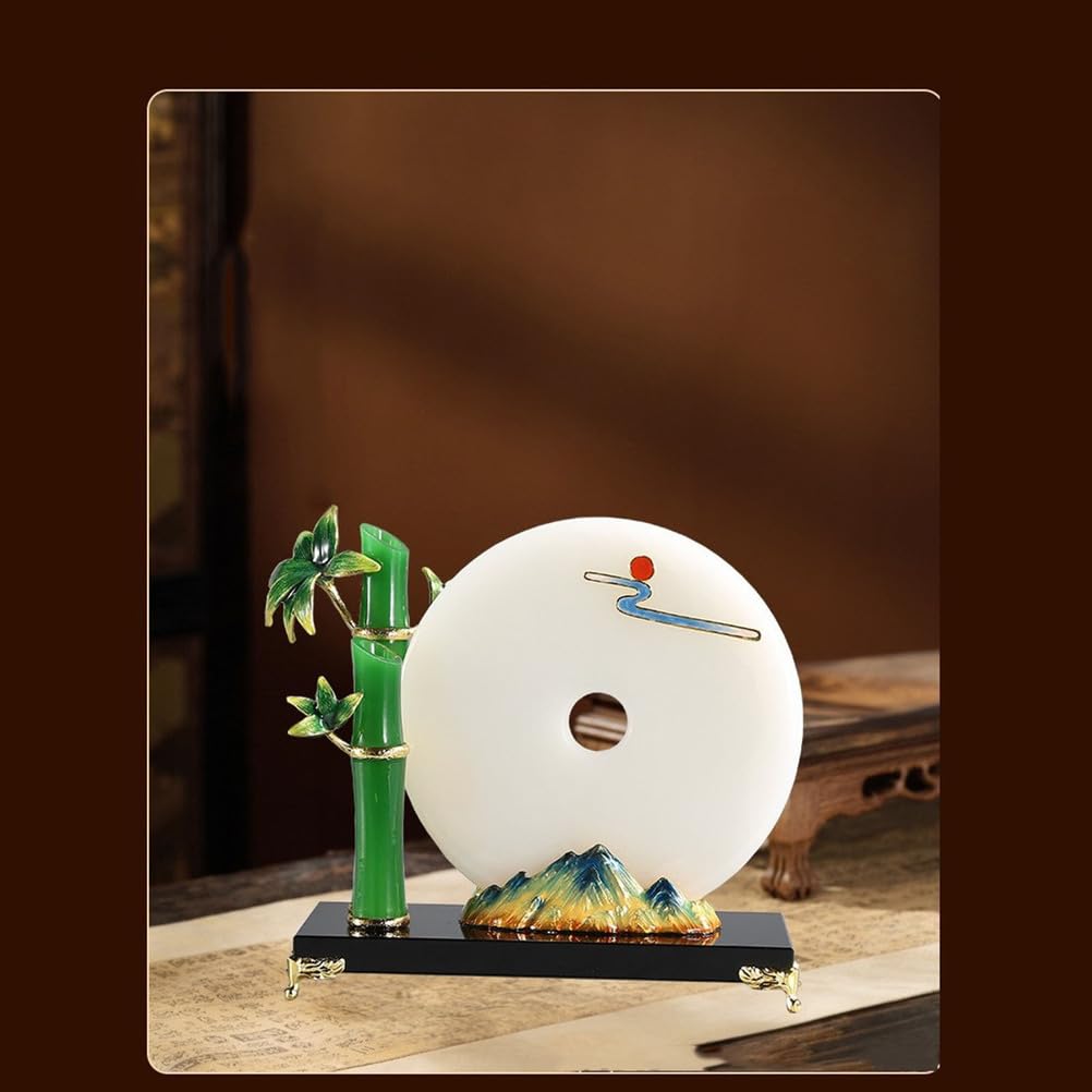 Naturalny dysk Jade Pi z bambusem Cloisonné - chińska dekoracja Feng Shui zapewniająca wzrost i harmonię, ręcznie wykonana emalia z kamieni szlachetnych z kryształową podstawą