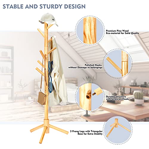 Haddockway Wooden Coat Rack Stand With 8 Hooks New Zealand Pine Adjustable Coat Standing Tree Easy Assembly For Coats, Hats, Scarves And Handbags For Entryway, Hallway, Bedroom, Office #TOP2