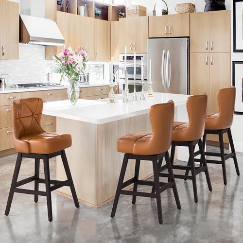 Image of Cozyman Counter Height Bar Stools, 30 inch H Swivel Bar Stool with Back, Faux Leather Counter Stool, Solid Wood Legs, Retro Upholstered Barstools for Kitchen Island, Home Bar, Pub, Yellowish-Brown