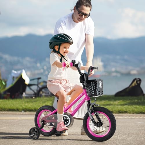 Image of BABY JOY Starry Kids Bike, 12 14 16 18 Inch Bicycle with Training Wheels, Storage Basket, Adjustable Handlebar & Seat, Handbrake & Coaster Brake, Girls Boys Bike