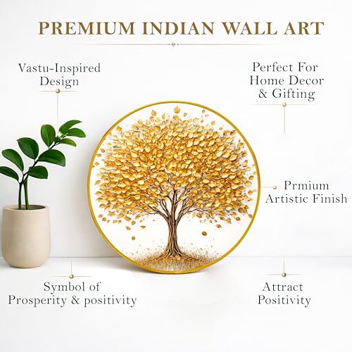 Image of Golden Tree of Life Round Wall Art Painting With Frame For Living Room | Vastu-Inspired Prosperity Decor Framed Painting | Elegant Round Wall Hanging for Home, Office & Gifting, 12 Inch