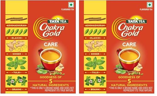 Image of Tata Tea Chakra Gold Care | Goodness Of Five Natural Ingredients | Brahmi, Ginger, Tulsi, Elaichi & Adhimadhuram | Flavoured Black Tea | Powder, 500 Grams (Pack of 2)
